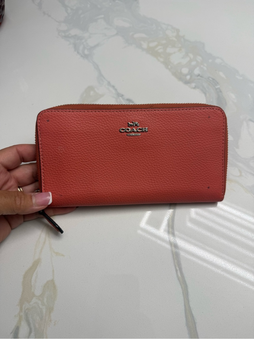 Coach Zip-Around Leather Wallet in Coral. callout 3 pen dots see first photo